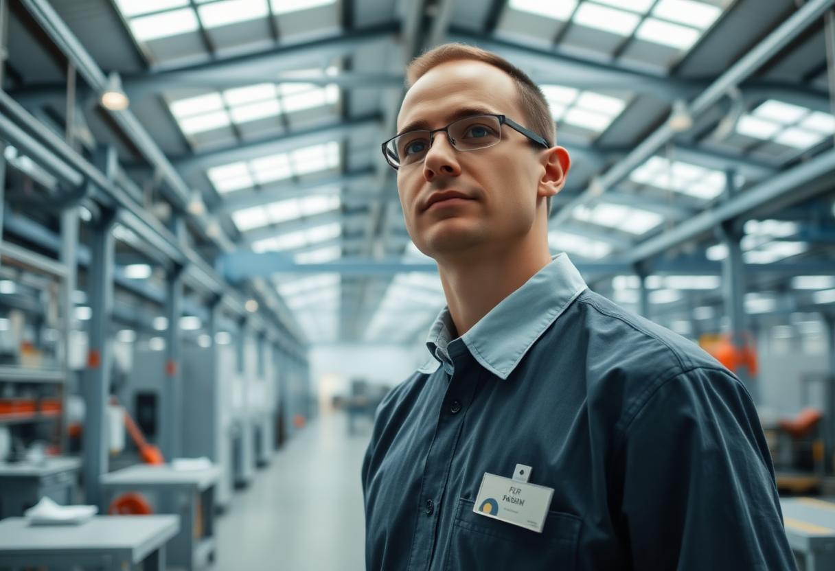 Worker in a manufacturing facility wearing a sampling badge
